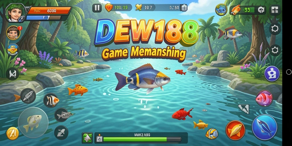 Tampilan gameplay DEWI188 yang menampilkan pemain memancing di lokasi indah.